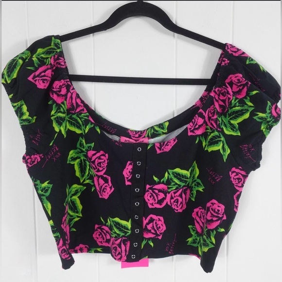 NWT [Betsey Johnson] Rose Floral Cap Sleeved Button-Down Cropped Women’s X-Large - Picture 3 of 7